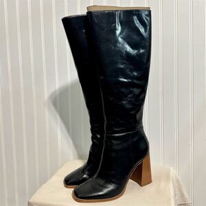 Nine West Whitemas Black Leather Knee High Boots 9M Square Toe Wood Block Heel